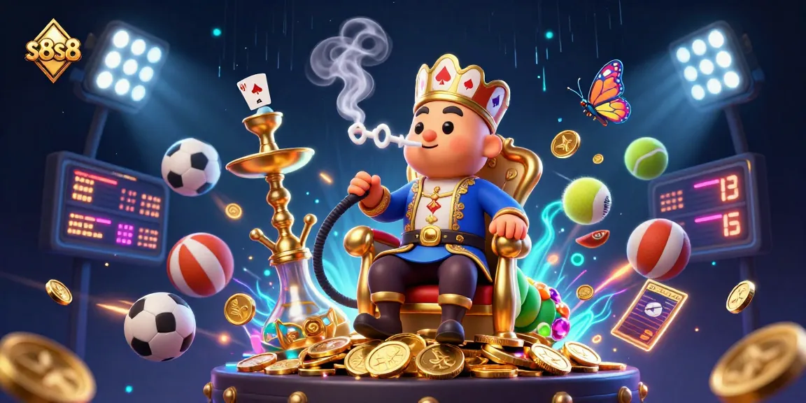 Engage with s8s8's dynamic casino scene featuring a hookah-master caterpillar and sports elements.