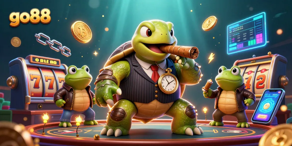 Win jackpots with go88 in a vibrant 3D casino scene featuring a mobster snapping turtle.