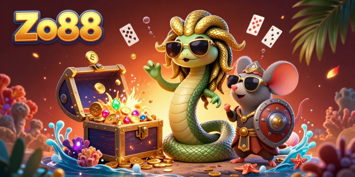 Engage with Zo88, a vibrant 3D casino illustration featuring characters amidst underwater treasures and playful elements.