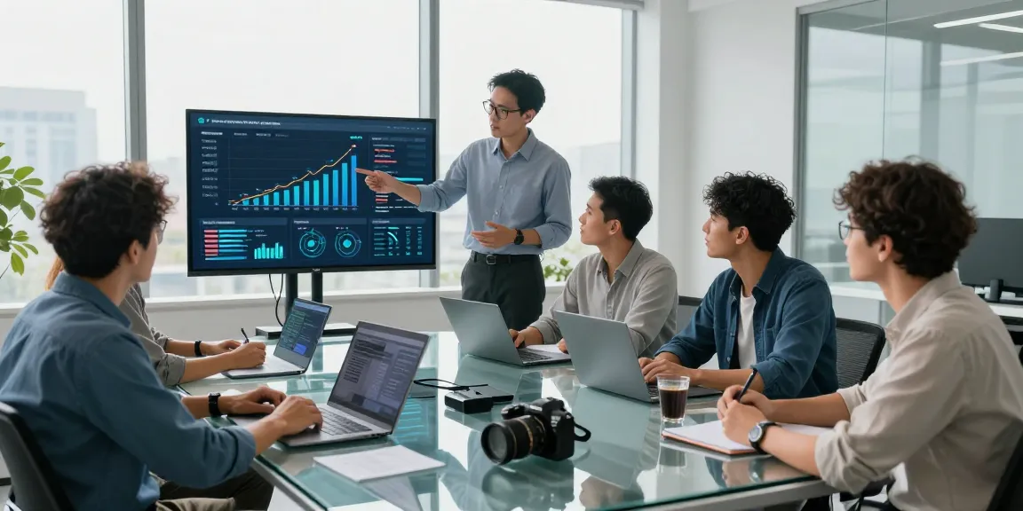 Business IT support in London: Team collaborating in modern office with IT analytics on display.