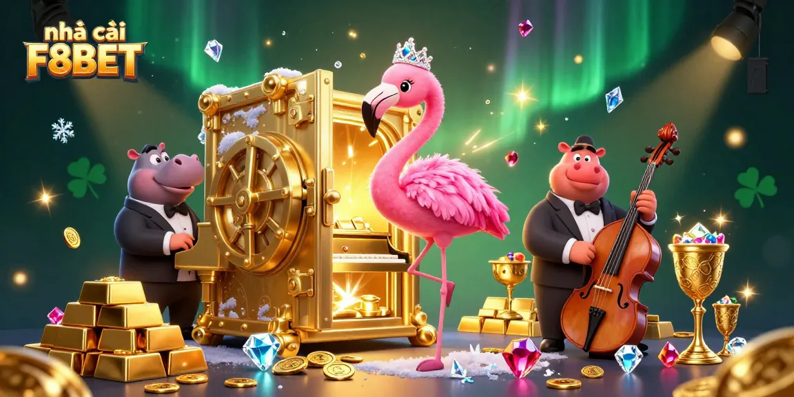 Experience the excitement with nhà cái F8BET at this vibrant online casino illustration featuring glittering treasures.