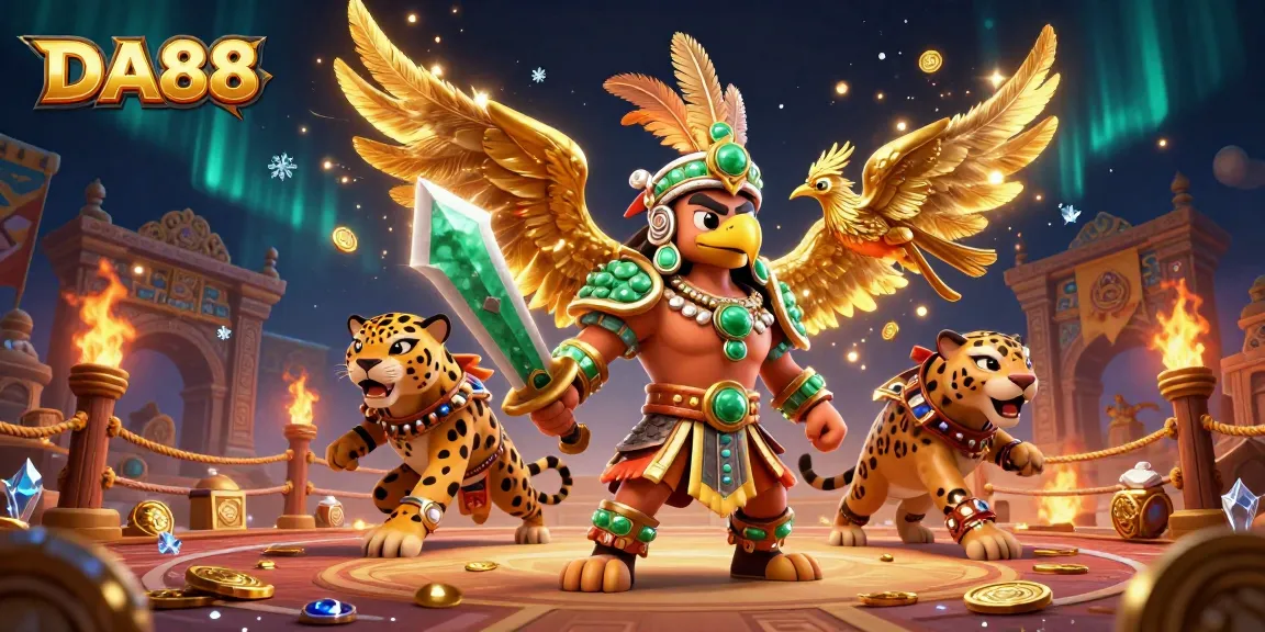 Engage with DA88 and explore the vibrant Aztec-themed casino scene filled with warriors and treasures.