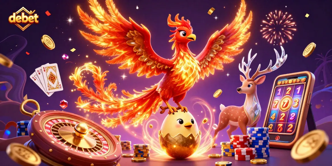 Engage in thrilling gaming at debet with vibrant 3D phoenix and casino elements.