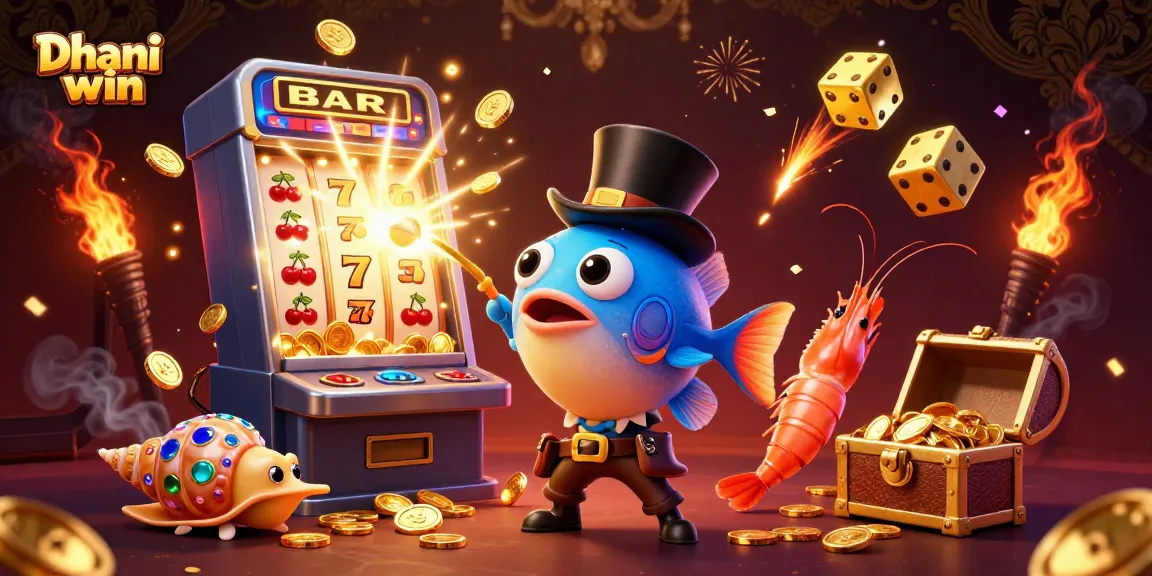 A dynamic casino scene featuring Dhani win elements with anglerfish, pirate shrimp, and jewel snail amidst vibrant slot machine action.