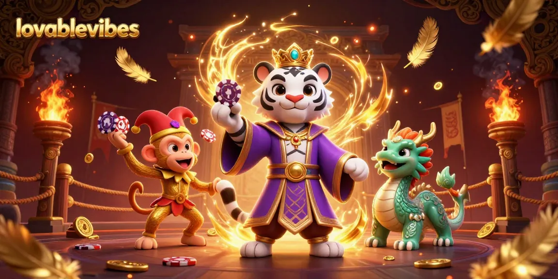 Experience vivid gambling action with lovablevibes as a majestic white tiger, jester monkey, and jade dragon collide in a thrilling casino atmosphere.