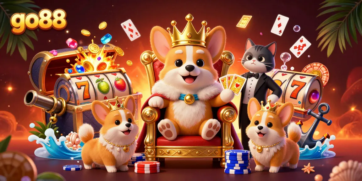 Experience the excitement at go88 with a vibrant 3D casino illustration featuring royal corgis and slot reels.