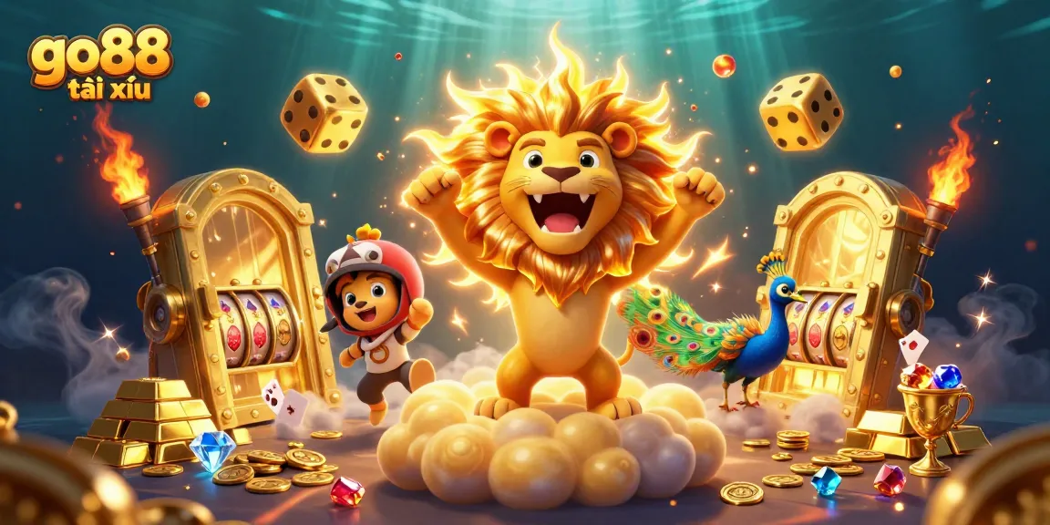 Win big with go88 tài xỉu as the sun lion roars amidst golden treasures and dice.