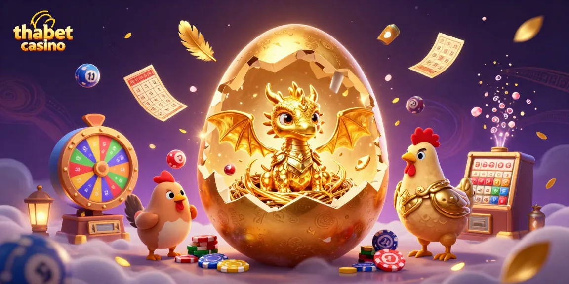 Engaging scene showcasing the thabet casino with a golden egg, dragon, and lively gambling elements.