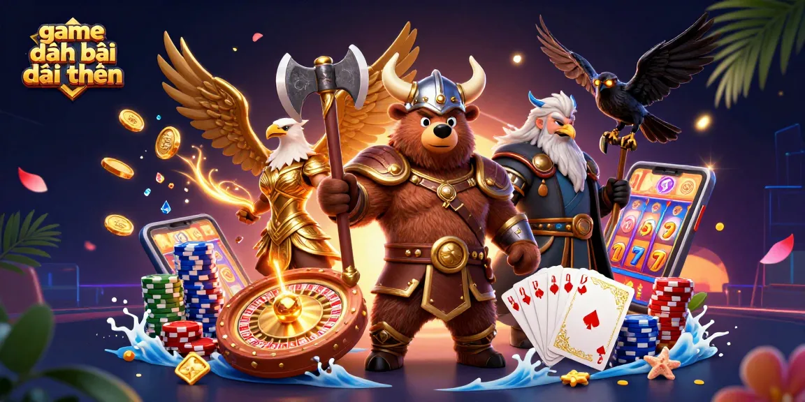 Engage in game đánh bài đổi thưởng with dynamic characters, vibrant casino elements, and golden coins.
