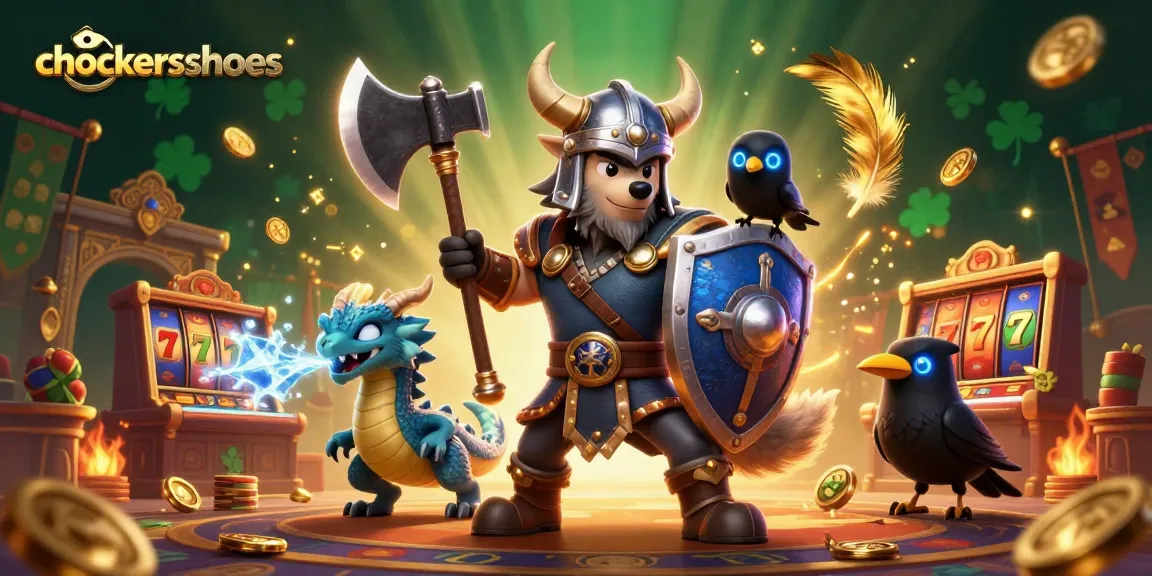 Join the action at chockersshoes in a vibrant online casino scene featuring a Viking warrior, icy dragon, and golden slot reels.