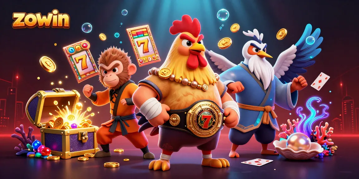 Zowin features colorful slot reels and dynamic characters in an exhilarating casino scene.