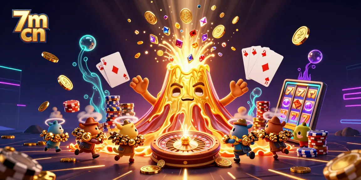 Win big with 7m cn as the golden volcano erupts, showering treasure in this vibrant casino scene.