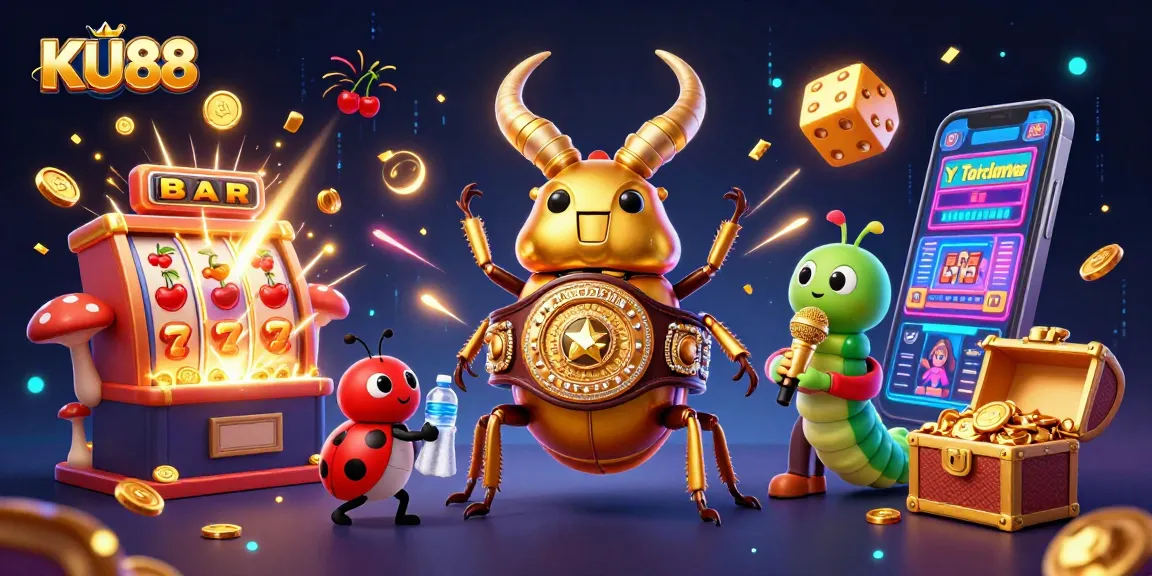 KU88 showcases a vibrant casino illustration with a golden stag beetle and colorful slots bursting with prizes.