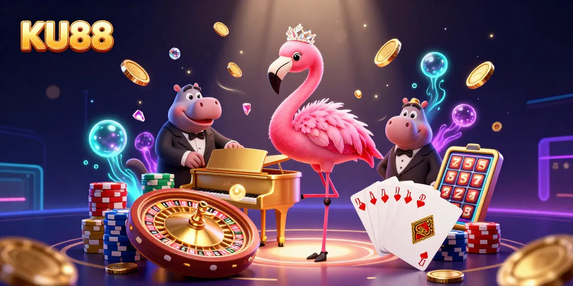 KU88 delights players with vibrant online casino gaming, featuring a flamingo singer and immersive slots.