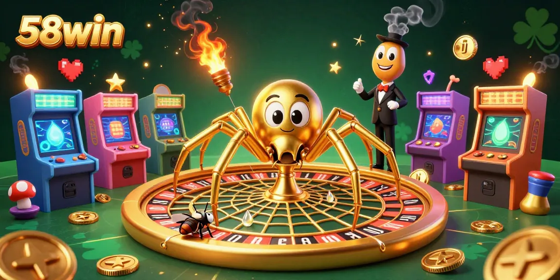 Engage with 58win's dynamic casino world featuring a golden spider spinning a roulette wheel web.