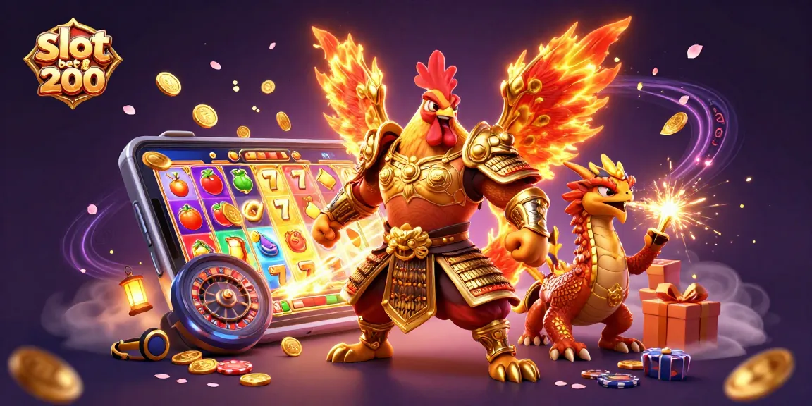 Slot bet 200 dengan petarung ayam 3D dan naga, memutar slot yang berkilau.