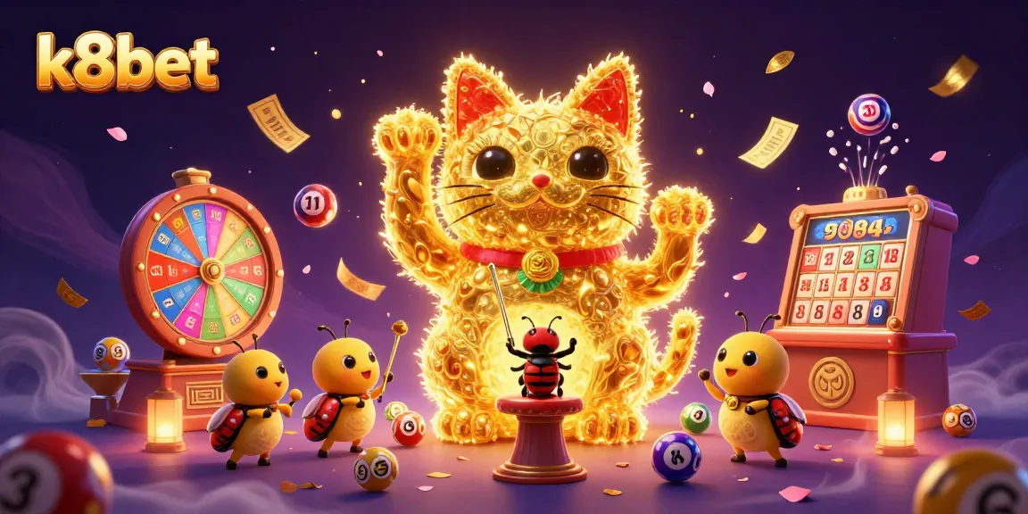 Experience lively gameplay with k8bet's colorful lottery and casino theme in this dynamic illustration.