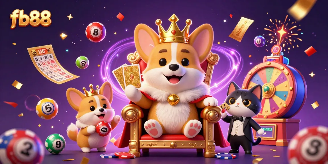 Engage in thrilling fb88 casino games with a royal corgi champion and vibrant game elements.