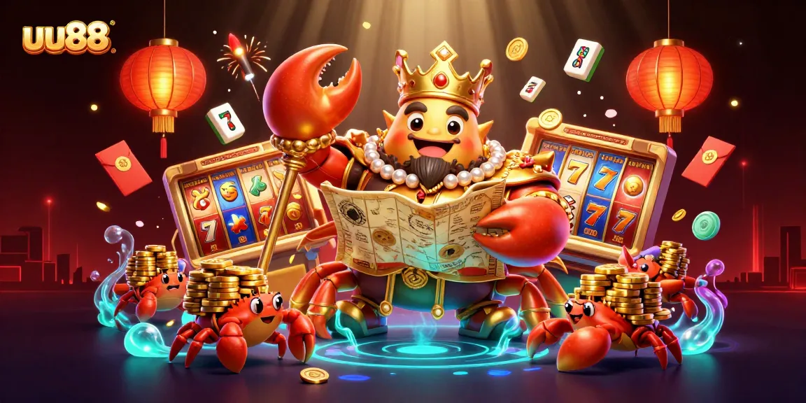 Engage with uu88's exciting casino games, featuring a golden crab emperor and vibrant slot elements.
