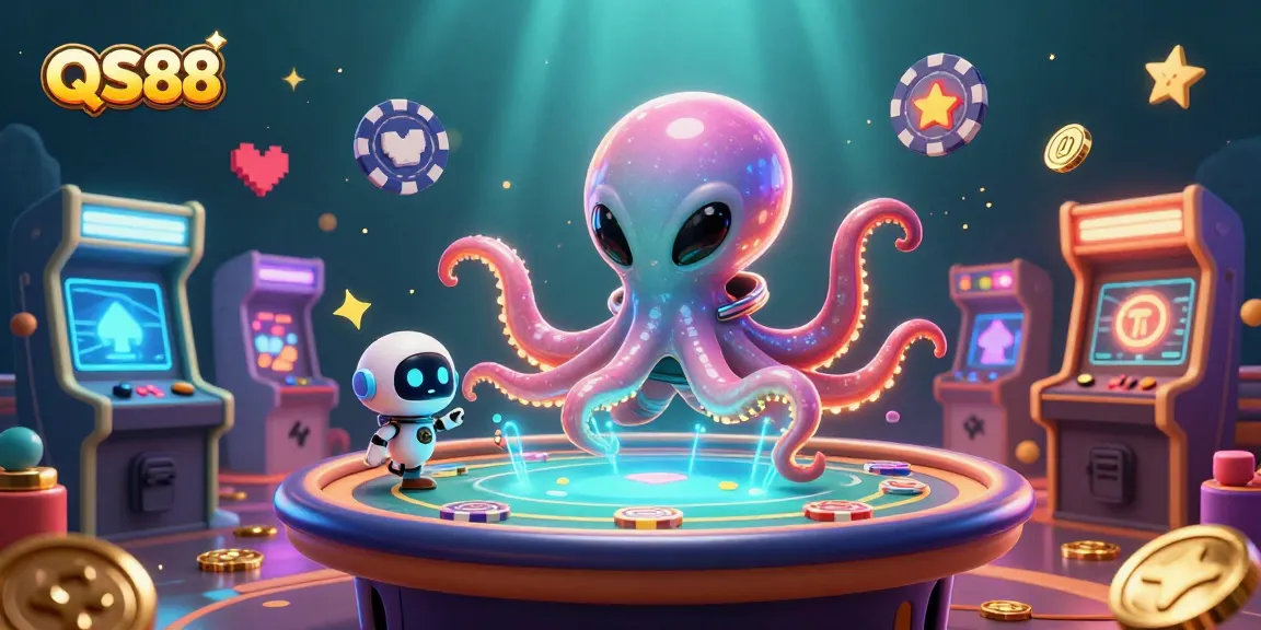 Engage with QS88's thrill featuring an alien octopus at a poker table in vibrant casino style.