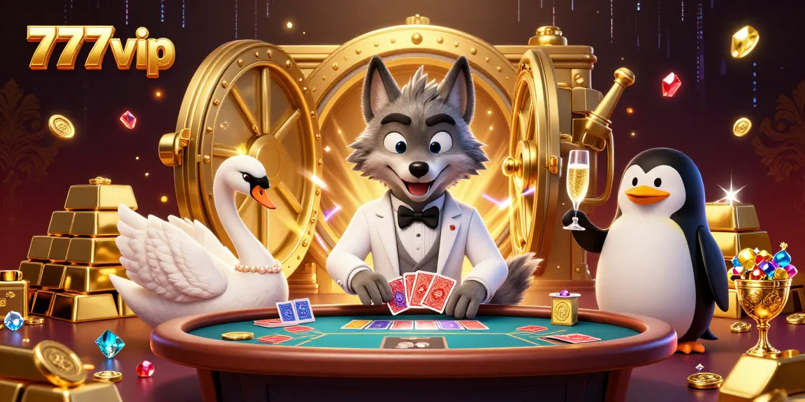 Experience thrilling baccarat action with 777vip, featuring a debonair wolf, elegant swan, and sophisticated penguin.