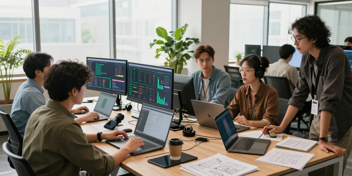 IT support businesses team collaborating in a modern office environment with technology.