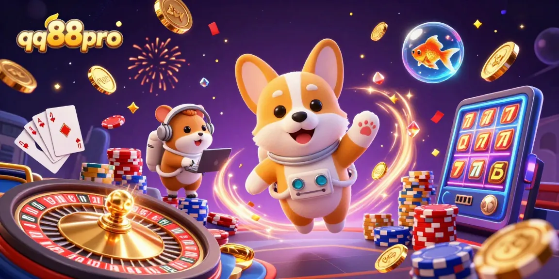 Experience excitement with qq88pro in a vibrant zero-gravity casino scene filled with floating coins and games.