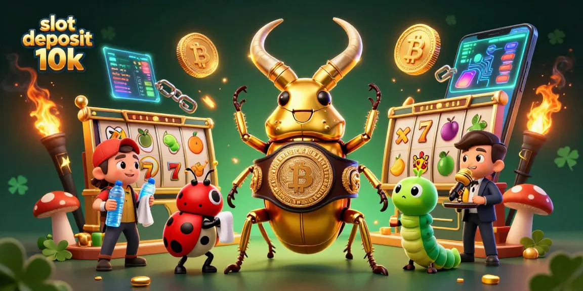 Engage with the vibrant energy of slot deposit 10k in this dynamic 3D illustration featuring a golden stag beetle and casino elements.