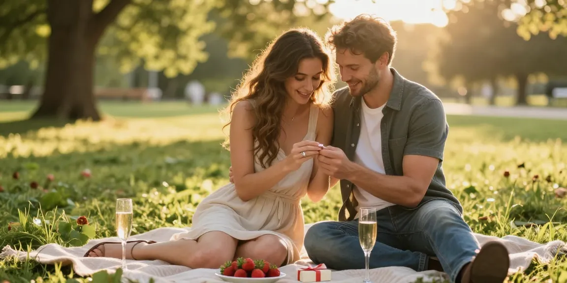Beautiful couple celebrating engagement with an engagement ring for women in a romantic outdoor setting.